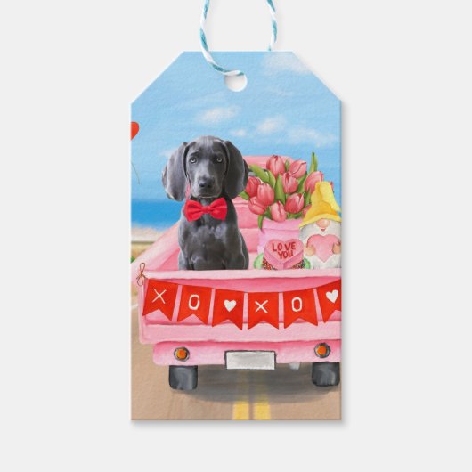 Weimaraner Dog Valentijnsdag Truck Hearts Cadeaulabel (Voorkant)