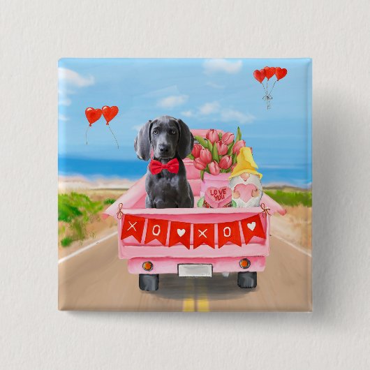 Weimaraner Dog Valentijnsdag Truck Hearts Vierkante Button 5,1 Cm (Voorkant)