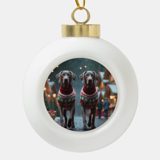 Weimaraner Dogs Christmas Snow Holiday Keramische Bal Ornament (Voorkant)