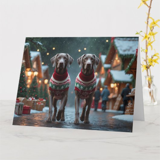 Weimaraner Dogs Kerstmis Sneeuw Vakantie Kaart (Gele Bloem)