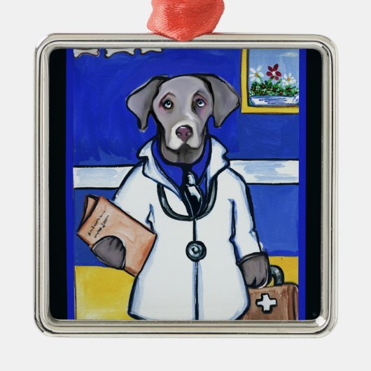 WEIMARANER DOKTER METALEN ORNAMENT (Voorkant)