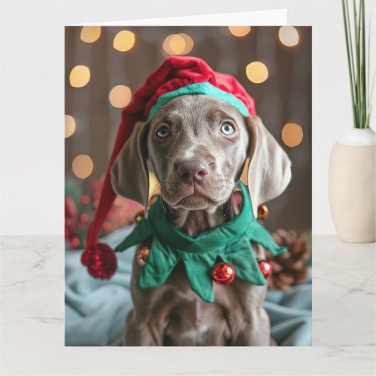 Weimaraner Elf Puppy Kerst Kaart (Voorkant)