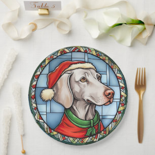 Weimaraner Gebrandschilderd Glas Kerstmis Papieren Bordje