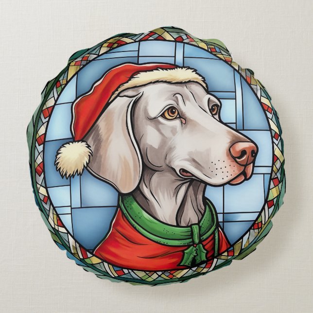 Weimaraner Gebrandschilderd Glas Kerstmis Rond Kussen (Achterkant)