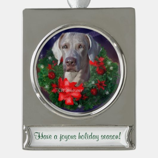 Weimaraner Gepersonaliseerde Kerstmis Verzilverd Banner Ornament (Voorkant)
