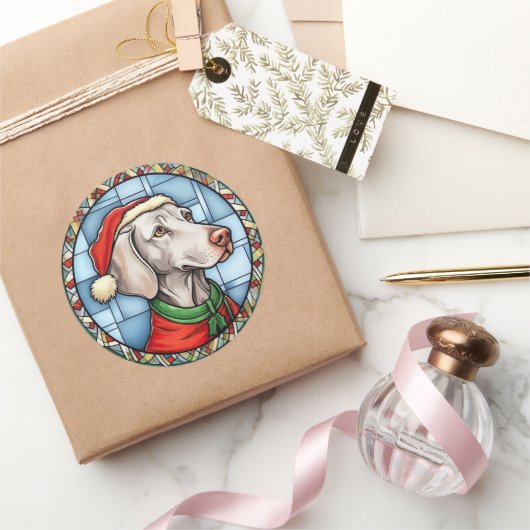 Weimaraner Glas in lood Kerst Ronde Sticker (Geschenken)