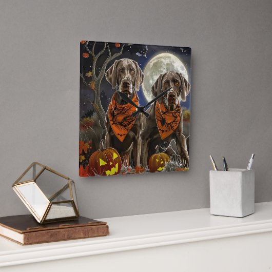 Weimaraner Halloween Griezelig Vierkante Klok (Kantoor)