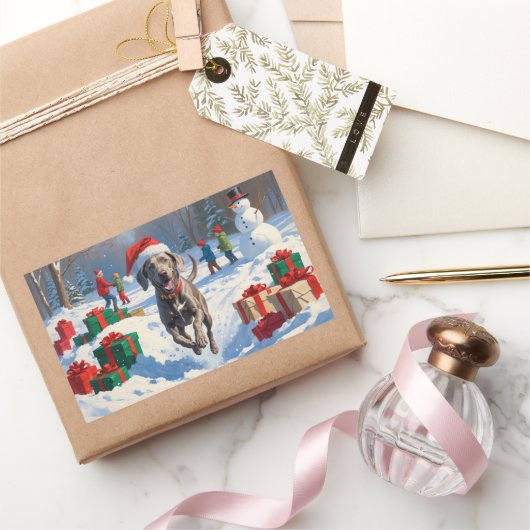 Weimaraner hardlopen in de sneeuw met kerst Pet Rechthoekige Sticker (Geschenken)