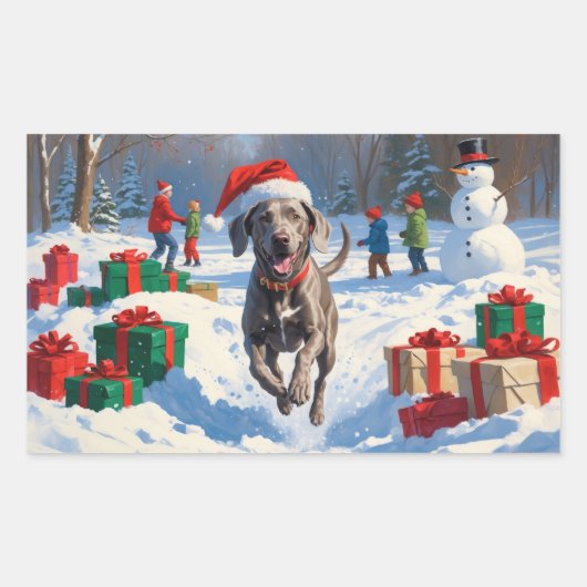 Weimaraner hardlopen in de sneeuw met kerst Pet Rechthoekige Sticker (Voorkant)