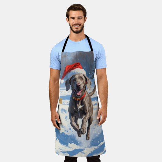 Weimaraner hardlopen in de sneeuw met kerst Pet Schort (Gedragen)