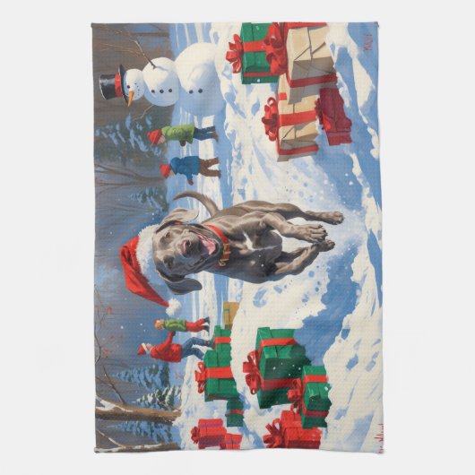 Weimaraner hardlopen in de sneeuw met kerst Pet Theedoek (Verticaal)