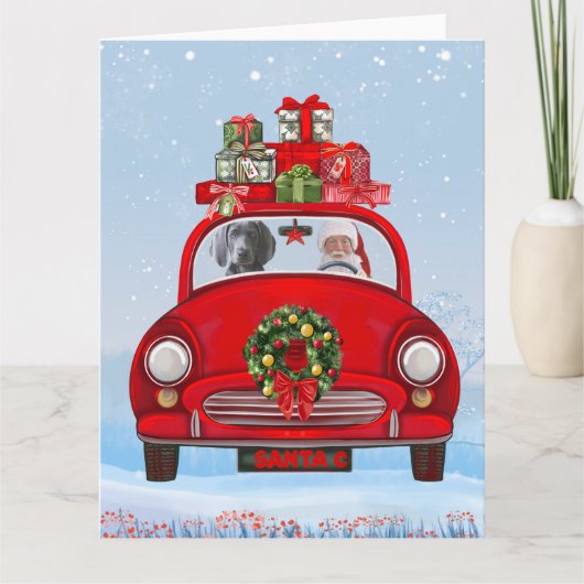 Weimaraner hond in auto met kerstman kaart (Voorkant)