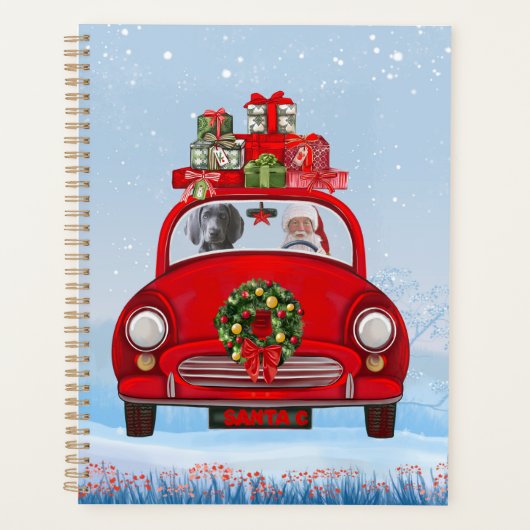 Weimaraner hond in auto met kerstman planner (Voorkant)
