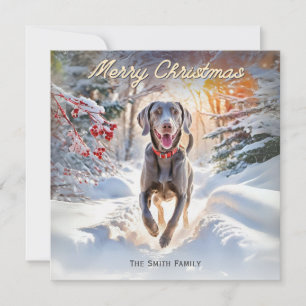 Weimaraner hond in de sneeuw Prettig kerstfeest Feestdagenkaart