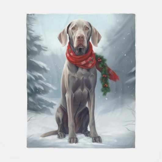 Weimaraner Hond in Sneeuw Kerstmis Fleece Deken (Voorkant)