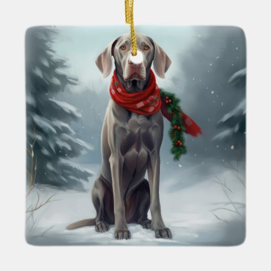 Weimaraner Hond in Sneeuw Kerstmis Keramisch Ornament (Voorkant)