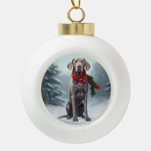 Weimaraner Hond in Sneeuw Kerstmis Keramische Bal Ornament (Voorkant)