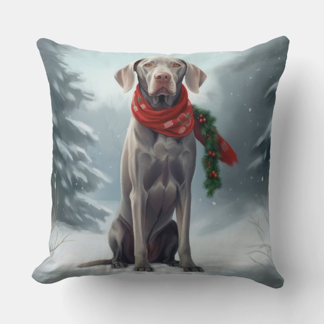 Weimaraner Hond in Sneeuw Kerstmis Kussen (Voorkant)