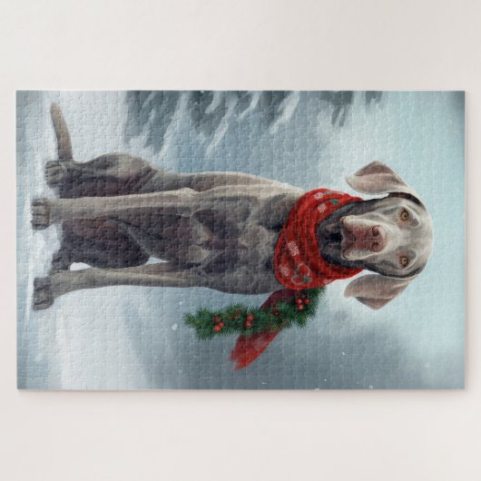 Weimaraner Hond in Sneeuw Kerstmis Legpuzzel (Horizontaal)
