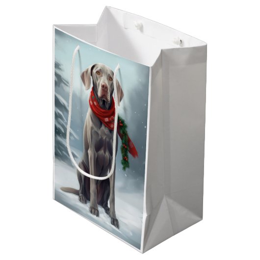 Weimaraner Hond in Sneeuw Kerstmis Medium Cadeauzakje (Voorkant Gekanteld)