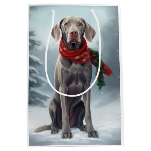 Weimaraner Hond in Sneeuw Kerstmis Medium Cadeauzakje (Voorkant)