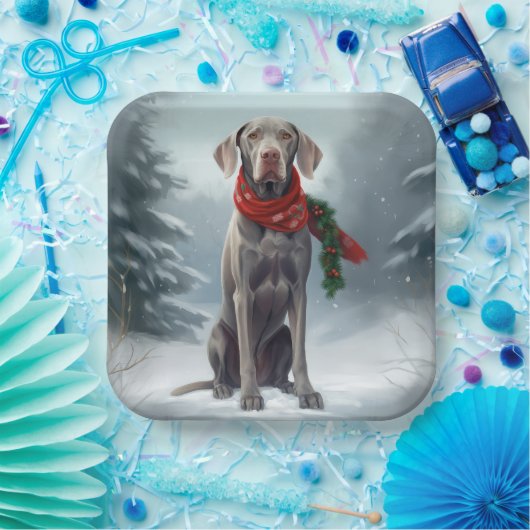 Weimaraner Hond in Sneeuw Kerstmis Papieren Bordje (Feest)