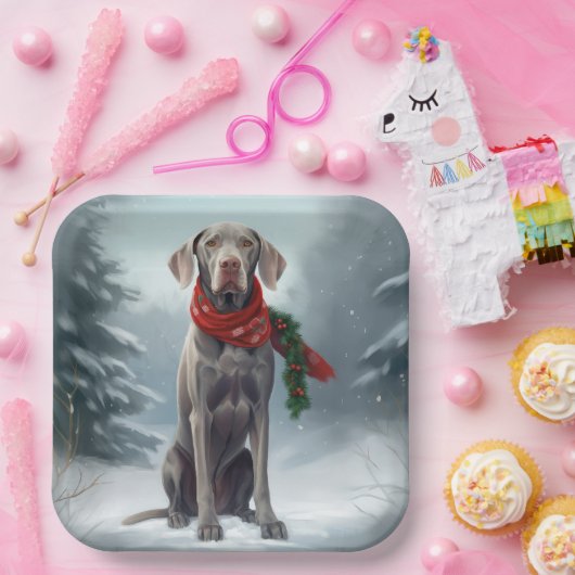 Weimaraner Hond in Sneeuw Kerstmis Papieren Bordje (Feest)