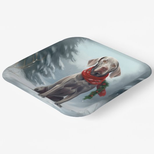 Weimaraner Hond in Sneeuw Kerstmis Papieren Bordje (Gebogen)