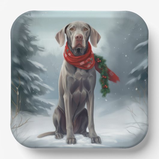 Weimaraner Hond in Sneeuw Kerstmis Papieren Bordje (Voorkant)