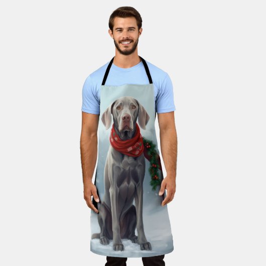 Weimaraner Hond in Sneeuw Kerstmis Schort (Gedragen)