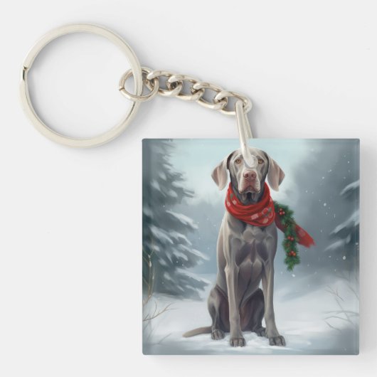 Weimaraner Hond in Sneeuw Kerstmis Sleutelhanger (Voorkant)