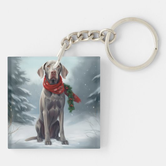 Weimaraner Hond in Sneeuw Kerstmis Sleutelhanger (Achterkant)