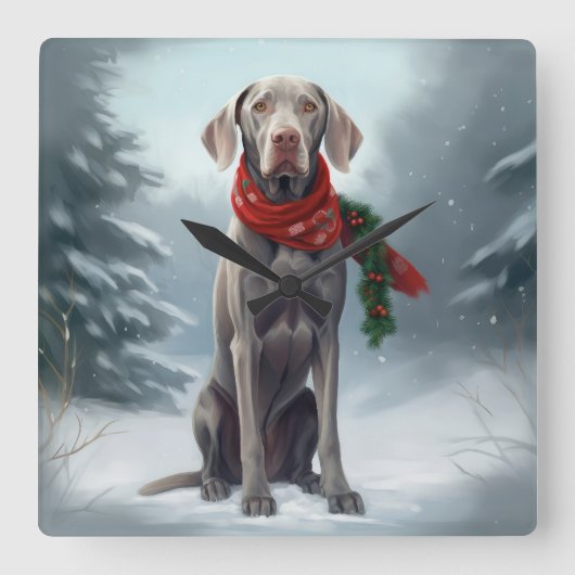Weimaraner Hond in Sneeuw Kerstmis Vierkante Klok (Voorkant)