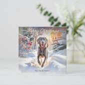 Weimaraner Hond In Sneeuw Vrolijk Kerstfeest Feestdagenkaart (Staand voorkant)
