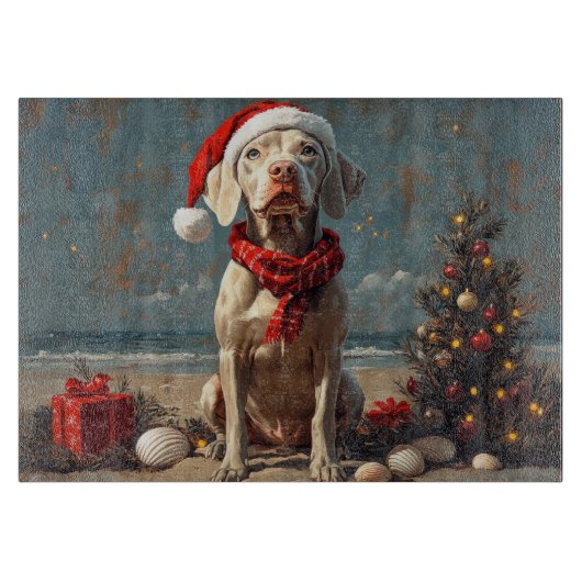 Weimaraner Hond Kerstmis Vintage Strand Snijplank (Voorkant)