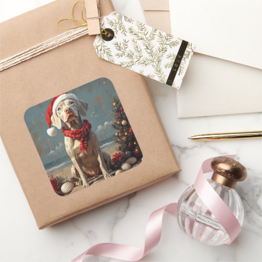 Weimaraner Hond Kerstmis Vintage Strand Vierkante Sticker (Geschenken)
