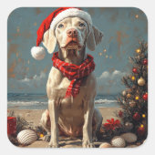 Weimaraner Hond Kerstmis Vintage Strand Vierkante Sticker (Voorkant)