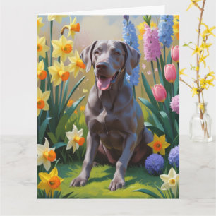 Weimaraner hond lente bloemen schilderij kaart