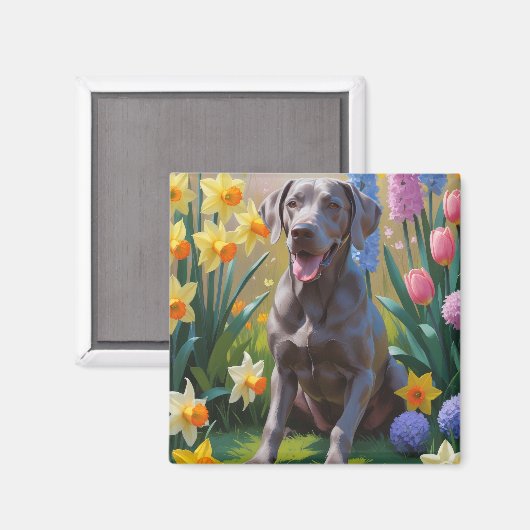 Weimaraner hond lente bloemen schilderij magneet (Voorkant / Achterkant)