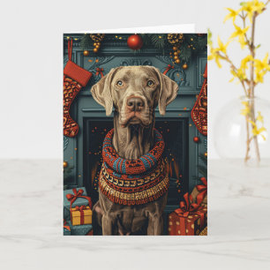 Weimaraner hond met kerstcadeaus open haard kaart