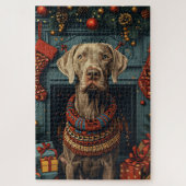 Weimaraner hond met kerstcadeaus open haard legpuzzel (Verticaal)