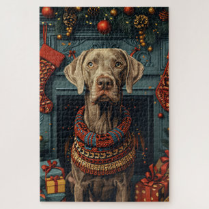 Weimaraner hond met kerstcadeaus open haard legpuzzel