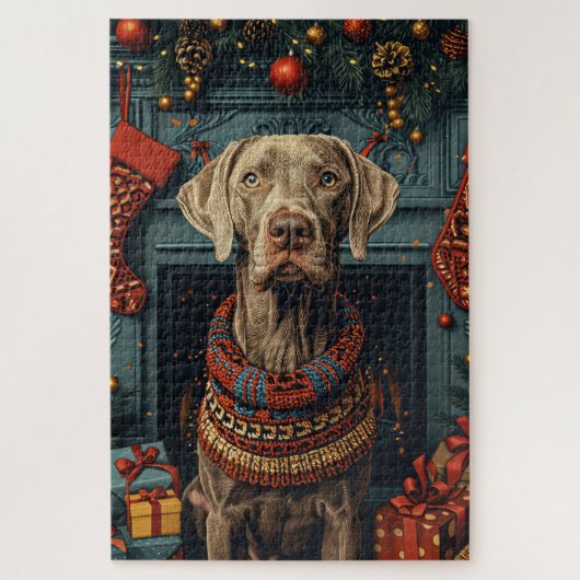 Weimaraner hond met kerstcadeaus open haard legpuzzel (Verticaal)