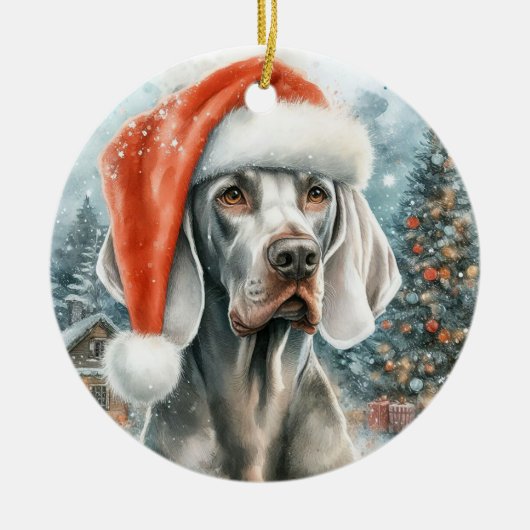 Weimaraner Hond met Santa Hat Kerstmis Keramisch Ornament (Voorkant)