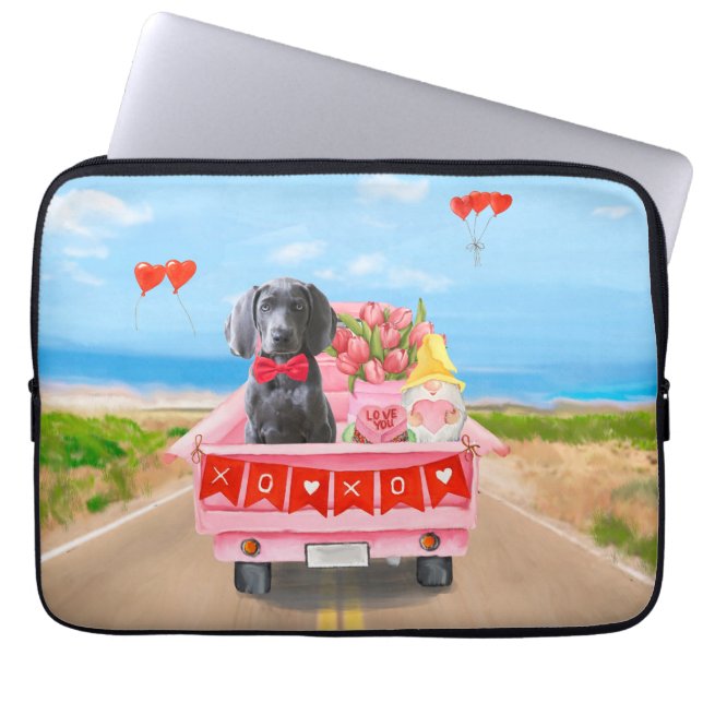 Weimaraner-hond Valentijnsdag Truck Harten Laptop Sleeve (Voorkant)