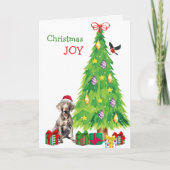 Weimaraner Hond, Vogel en Kerstboom Feestdagen Kaart (Voorkant)