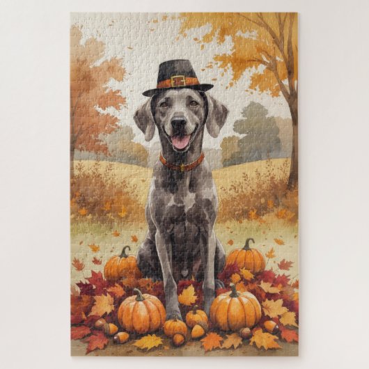 Weimaraner In Herfstbladeren Thanksgiving Kunst Legpuzzel (Verticaal)