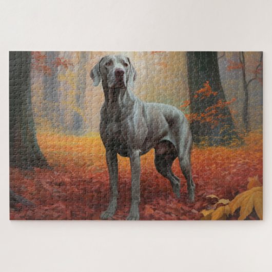 Weimaraner in herfstbladeren val inspireert legpuzzel (Horizontaal)