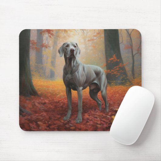 Weimaraner in herfstbladeren val inspireert muismat (Met muis)