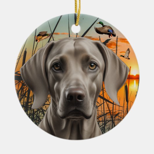 Weimaraner Kerst Ornament, Eend Jacht Keramisch Ornament (Voorkant)
